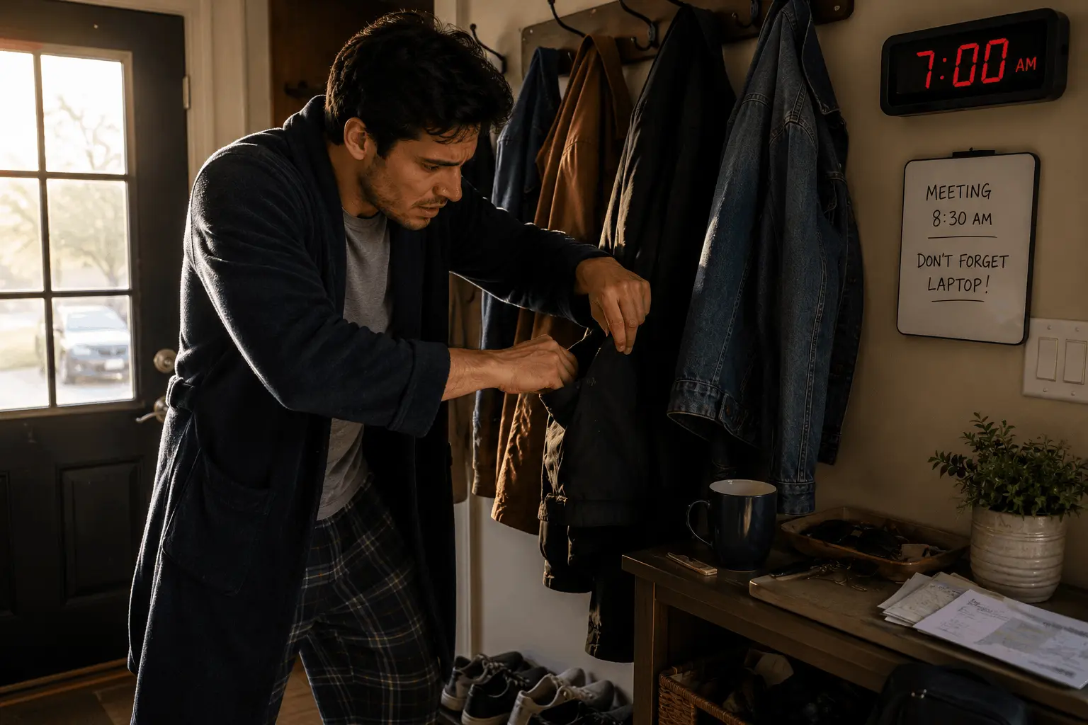 Man searching frantically for lost keys at home
